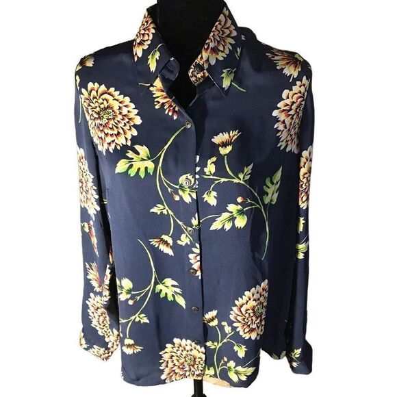 CAbi blue semi sheer floral top long sleeve blouse size Small button down - Picture 1 of 6